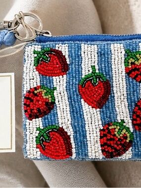 Sol and Mer Beaded Strawberry Coin Pouch - Blue & Red